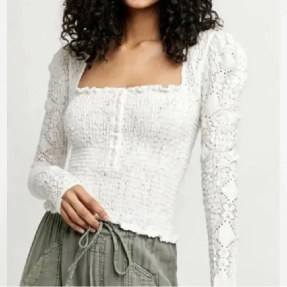 Free People Crochet lace smocked Long Sleeve Low Cut top Cottagecore Prairie Nwt